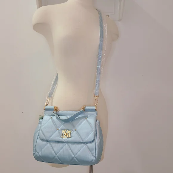 Badgley Mischka Metallic Blue Big Diamond Quilting with Studs Bag NWT